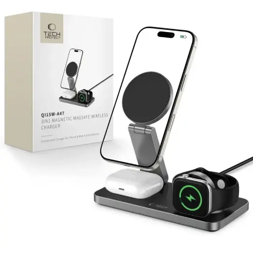 Tech-Protect QI15W-A47 3-in-1 belaidis įkroviklis | Qi | Suderinama su MagSafe | 15W | juodas