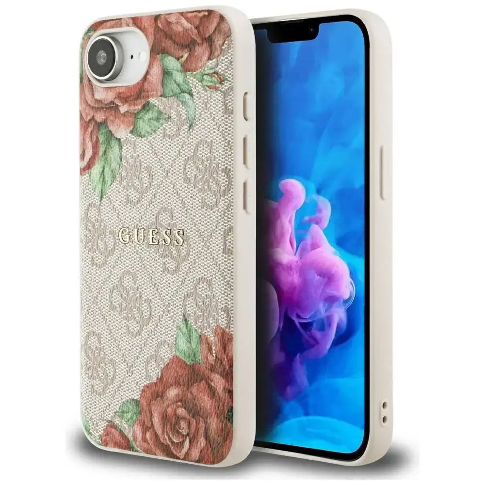 Guess Flowers Print telefona maciņš priekš iPhone 16e rozā ar MagSafe