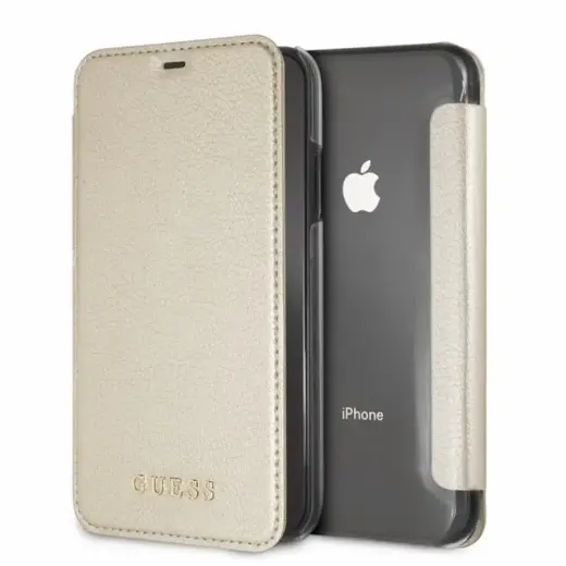 Guess GUFLBKI65IGLTGO aizsargājošs telefona grāmatveida vāciņš iPhone XS Max