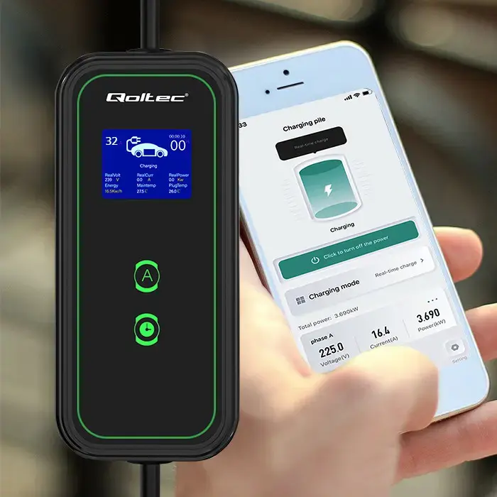 Qoltec Mobile EV charger with adjustable 2in1 Type2 | 7kW | 230V | CEE 32A | Wi-fi | LCD | Portable | Wallbox | 5m