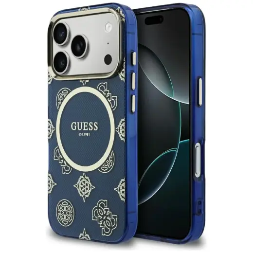 Guess IML Peony Dot telefoni ümbris MagSafe toega iPhone 17 Pro jaoks sinine