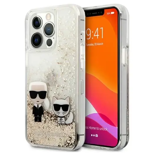 KLHCP13XGKCD Karl Lagerfeld Liquid Glitter Karl and Choupette Case for iPhone 13 Pro Max Gold