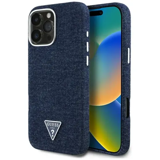 Guess Denim Triangle Logo чехол для телефона для iPhone 16 Pro Max синий с поддержкой MagSafe