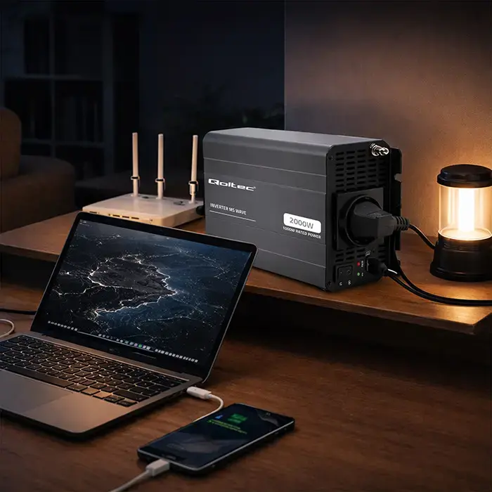 Qoltec MS Wave Voltage Converter | 12V to 230V | 1000/2000W | USB | Compatible with LiFePO4, GEL and AGM batteries