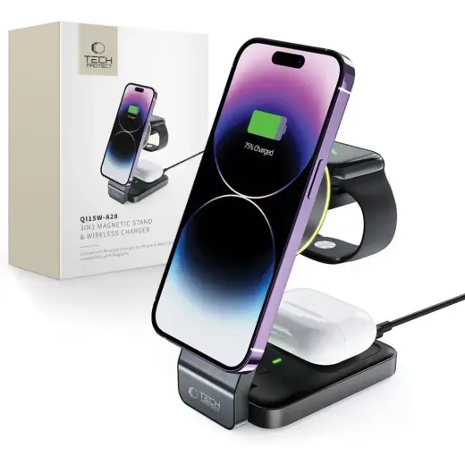 Tech-Protect QI15W-A28 3-in-1 bezvadu lādētājs | Qi | Saderīgs ar MagSafe | 15W | melns