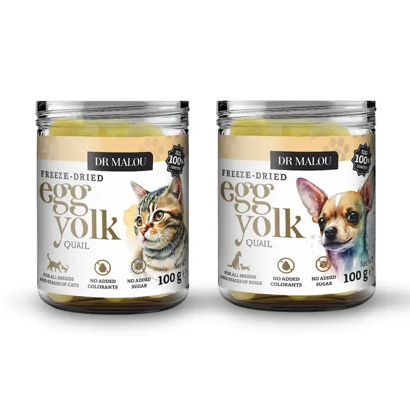 Vitamīnizēta papildbarība - DR Malou, Freeze-dried quail egg yolk for cats and dogs 100g