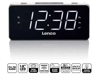 Lenco radio pulkstenis, ar lielu displeju, balts