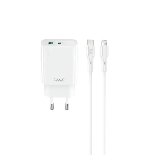 XO CE30 tīkla lādētājs | 30W | PD, QC | USB-C, USB-A | ar USB-C uz Lightning vadu komplektā | balts