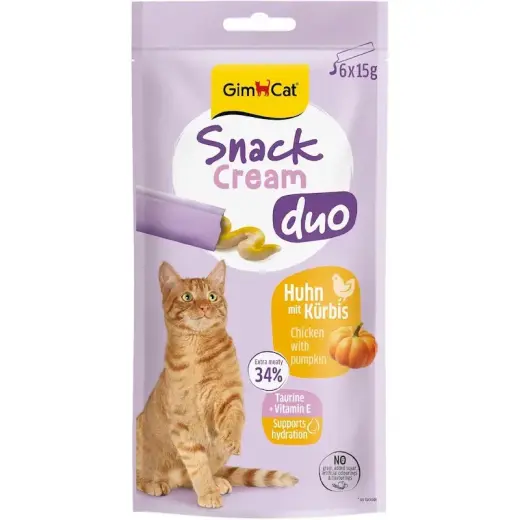 Gardumi kaķiem - GimCat SNACK CREAM DUO CHICKEN & PUMPKIN 6 X 15 G