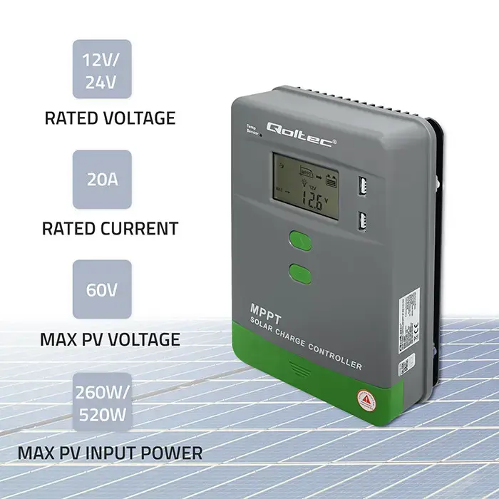 Qoltec Solar Charge Controller MPPT with Temperature Sensor 20A | 12V / 24V | LCD | 2 x USB | GEL | LiFePO4
