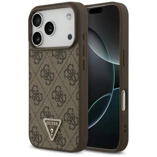Guess Leather 4G Triangle Strass MagSafe case for iPhone 17 Pro brown