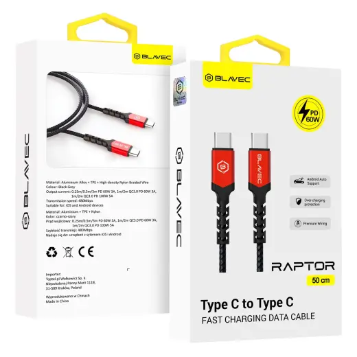 Blavec Raptor CRA-CC3BR05 datu pārraides un uzlādes vads | USB-C uz USB-C | PD | 60W | 0.5m | melns, sarkans