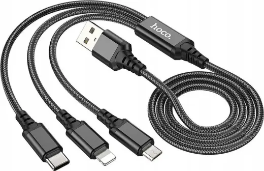 HOCO X76 3-in-1 duomenų perdavimo ir įkrovimo laidas | USB-A į Lightning, Micro USB, USB-C | 10W | 1m | juodas