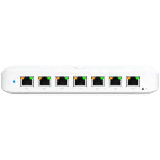 Ubiquiti USW-Ultra-210W-EU compact, Layer 2, 8-port GbE PoE switch with versatile mounting options, 7x GbE PoE+ output ports, GbE port with optional PoE++ input, 202W PoE availability with the included AC power adapter