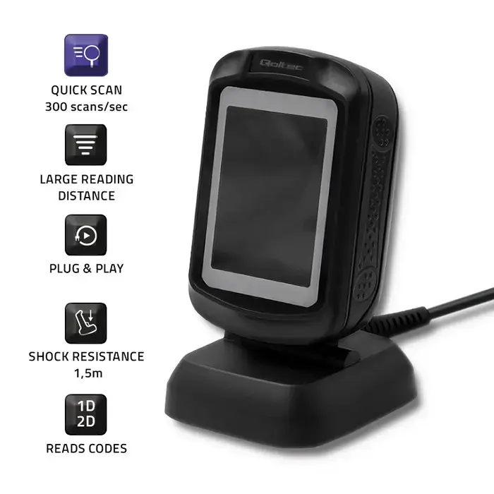 Qoltec Stationary barcode reader and QR code scanner | 1D 2D | USB | Fast