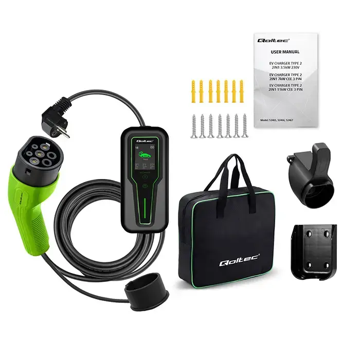 Qoltec Mobile charger for EV 2-in-1 Type2 with regulation | 3.5kW | 230V | SCHUKO 16A | LCD | Portable | Wallbox | 5m