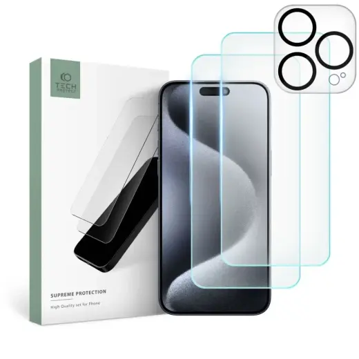 Tech-Protect Supreme Set for iPhone 15 Pro Max 2x Tempered Glass for Display | Tempered Glass for Camera