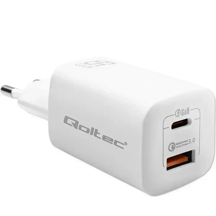 Qoltec GaN ULTRA tīkla lādētājs | 65W | PD, QC, GaN | USB-C, USB-A