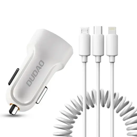 Dudao R7 autolaadija | 12W | USB-A | USB-A kuni Lightning, USB-C, micro USB kaabliga komplektis | valge