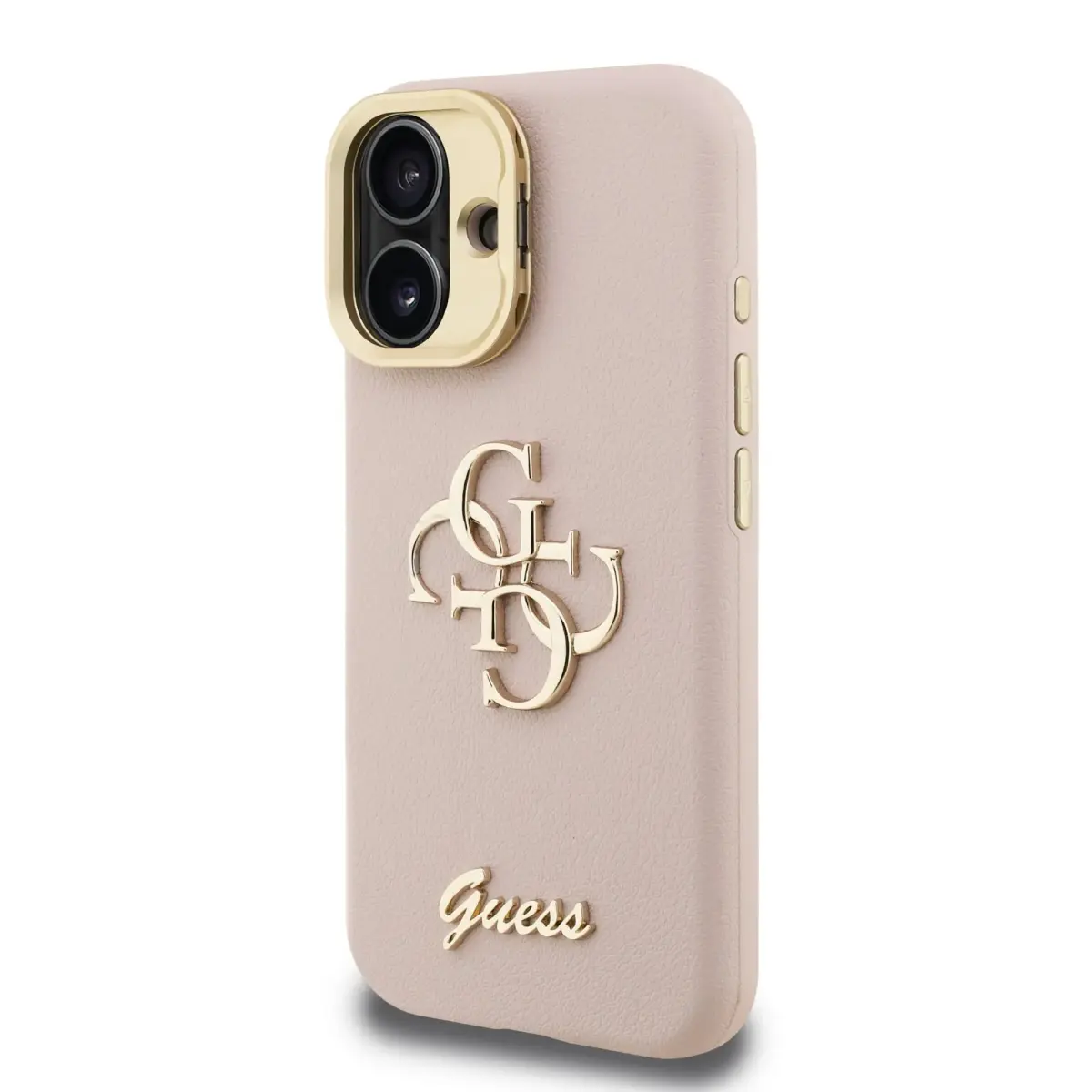 Guess PU Grained 4G Logo Stand Camera Frame telefona maciņš priekš iPhone 16 rozā