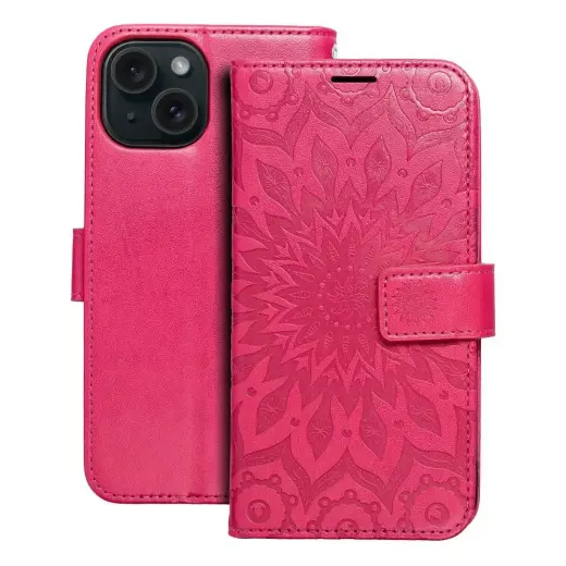 MEZZO mandala knyginio tipo telefono dėklas iPhone 15 violetinis