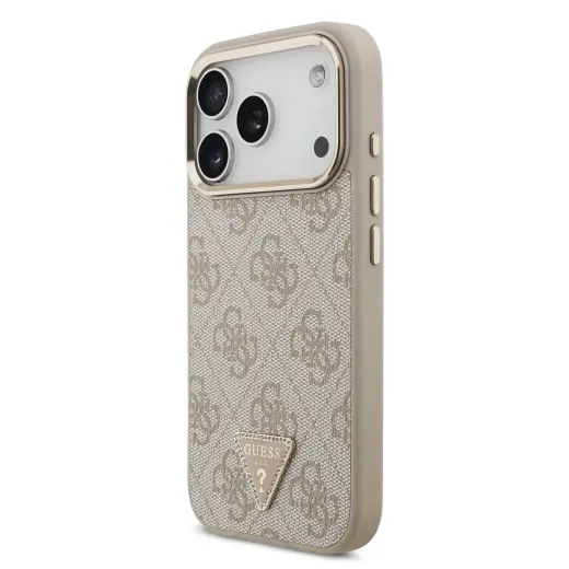 Guess PU Leather 4G Strass Triangle Logo Gold Frame MagSafe Case for iPhone 17 Pro Pink