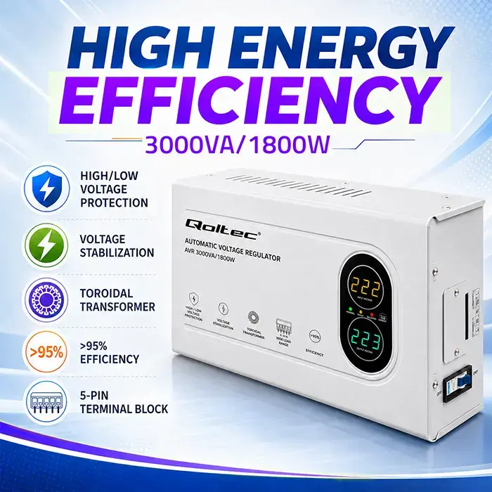 Qoltec Automatic Voltage Stabilizer AVR 3000VA | 1800W | Compact | Toroidal transformer