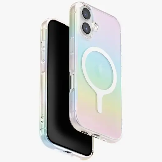 UNIQ Iridescia phone case with stand and MagSafe support for iPhone 17 holo quartz