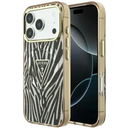 Guess IML Zebra Glitter Triangle Logo phone case with MagSafe support for iPhone 18 Pro | iPhone 17 Pro gold (zebra)