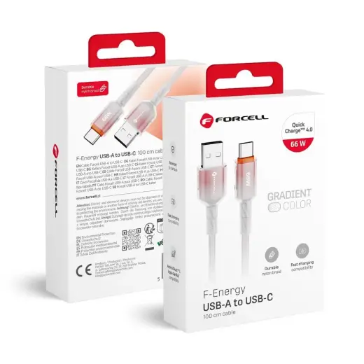 Forcell F-Energy C352 datu pārraides un uzlādes vads | USB-A uz USB-C | QC 4.0 | 66W | 1m | balts