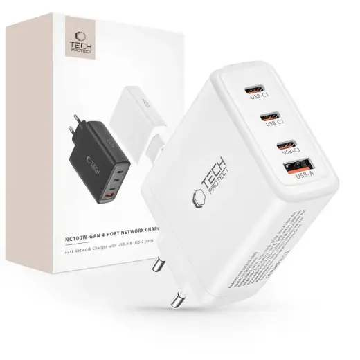 Tech-Protect NC100W travel charger | 100W | GaN, PD, QC 3.0 | USB-C, USB-A | white