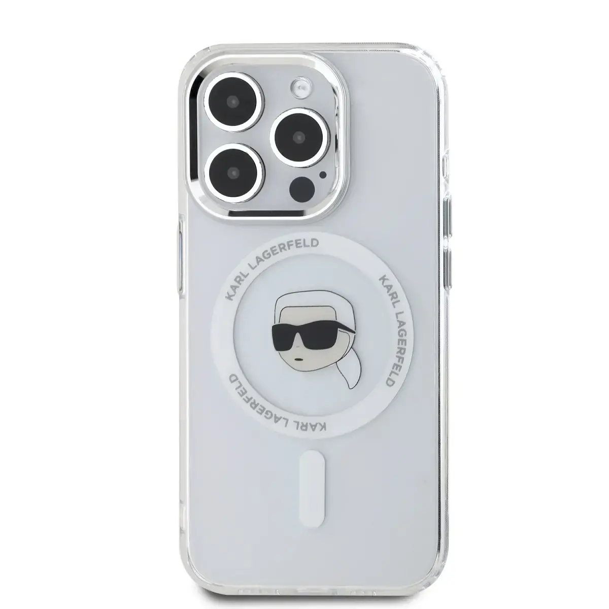 Karl Lagerfeld IML Karl Head Metal Frame MagSafe Case for iPhone 15 Pro Max Transparent
