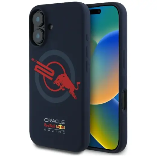 Red Bull HC Silicone Logo Red Lining phone case with MagSafe support for iPhone 16 navy