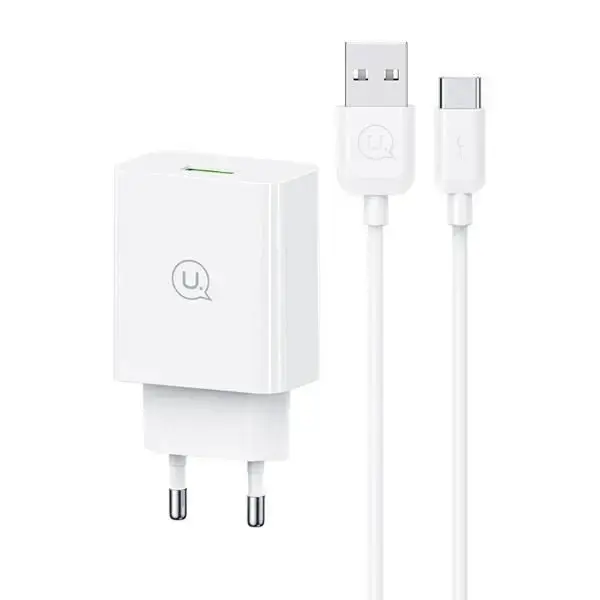 USAMS SC series tīkla lādētājs | 18W | QC3.0 | USB-C | USB-A uz USB-C vads komplektā | balts