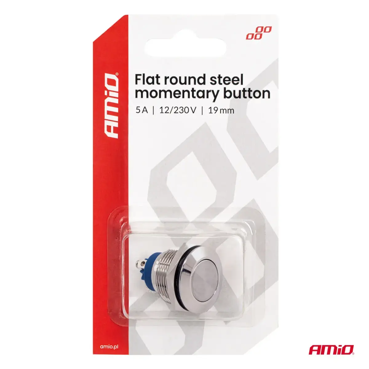 Flat round steel momentary button 19 mm, 5 A, 12/230 V, AMIO-04436