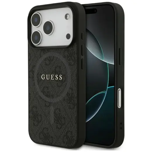 Guess 4G Ring Classic Logo maciņš ar MagSafe atbalstu telefonam iPhone 17 Pro melns