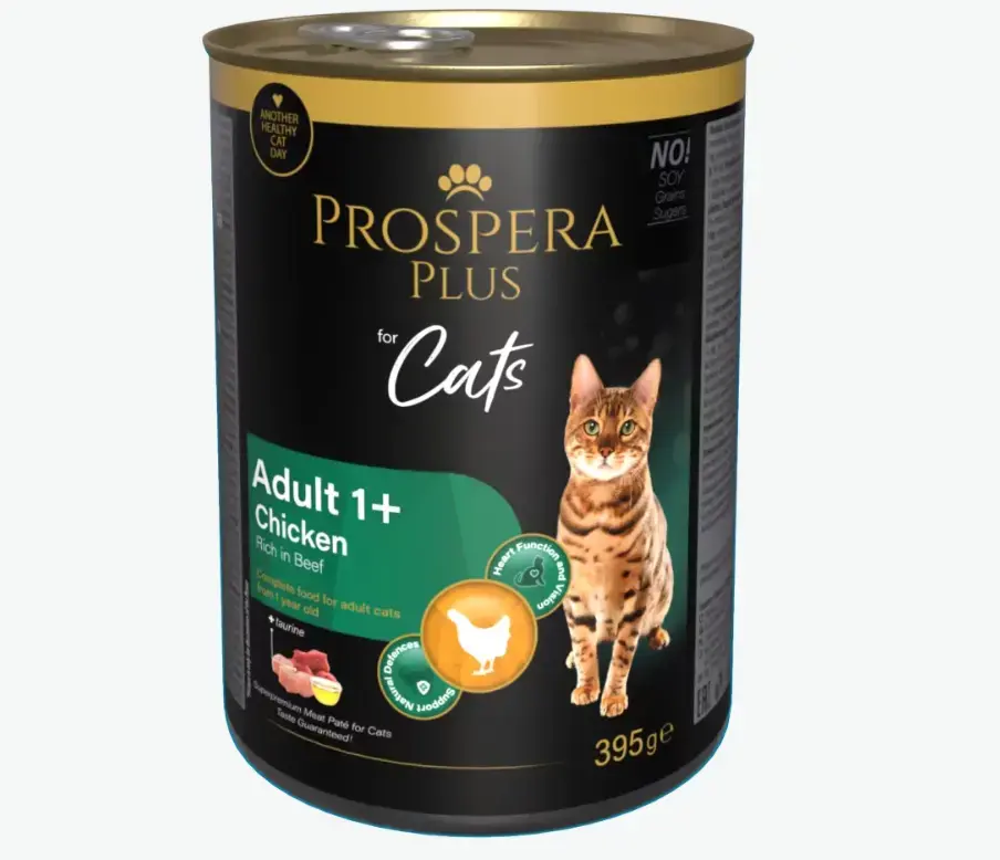 Konservi kaķiem – Prospera Plus Cat, Meat Paté Adult 1+, Chicken with Beef, 395 g