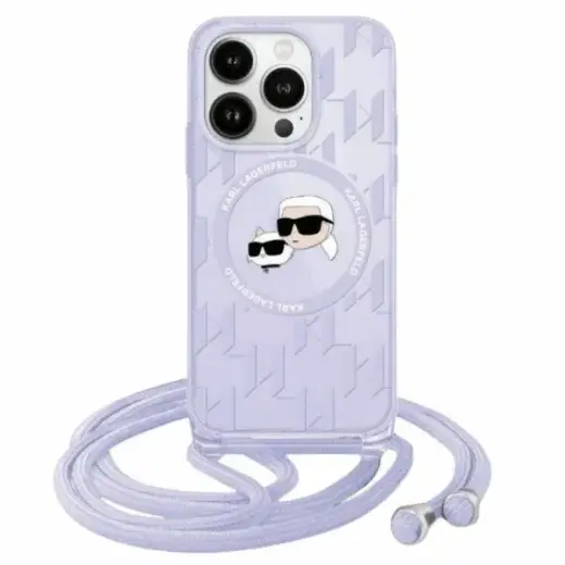 Karl Lagerfeld KLHMP15XHCKCKLCU IML Crossbody Monogram Karl & Choupette Head telefoni ümbris MagSafe toega iPhone 15 Pro Max lilla