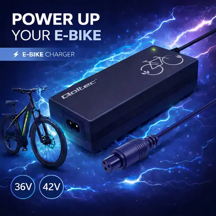 Qoltec Fast Charger for e-bike 36V | 42V | 2A | GX12-3Pin +power cable