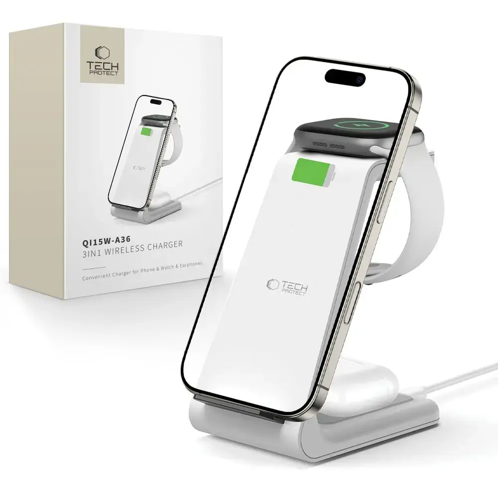 Tech-Protect QI15W-A36 3-in-1 bezvadu lādētājs | Qi | 15W | balts