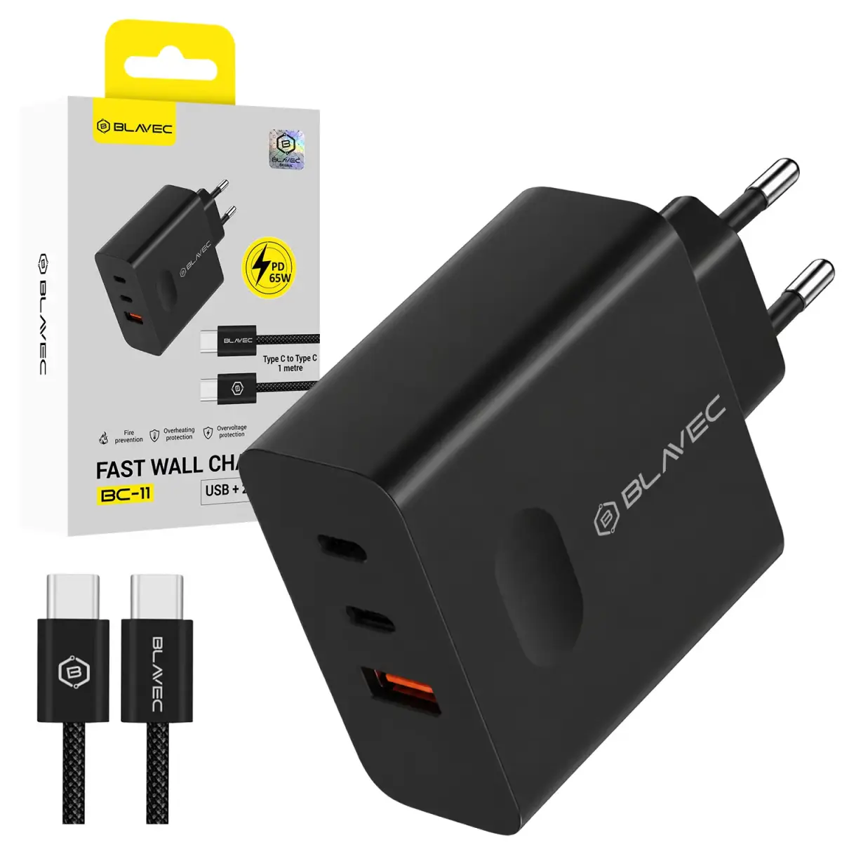 Blavec Wall charger BC-11 GaN - USB + 2xType C - QC PD 65W 3A with Type C to Type C cable (TCBC11G-U2CB653A) black