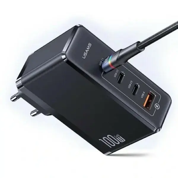 USAMS CC163 reisilaadija | 100W | GaN, PD | USB-C, USB-A | must