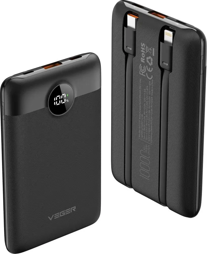 Veger C11 (W1170) ārējais akumulators (powerbank) | 10 000 mAh | 22.5W | PD, QC | USB-C, Lightning, USB-A | melns
