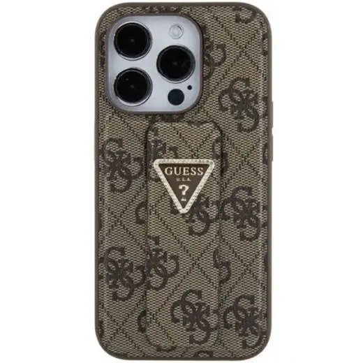 Guess GUHCP15SPGS4TDW iPhone 15 6.1" brązowy|brown hardcase Grip Stand 4G Triangle Strass