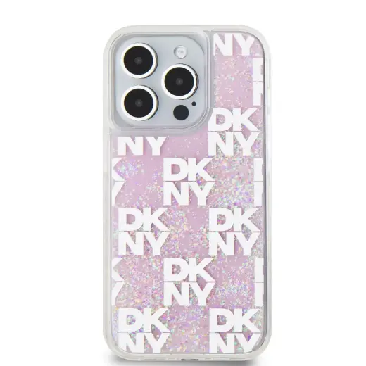 DKNY Liquid Glitter Checkered Pattern Case for iPhone 15 Pro Pink