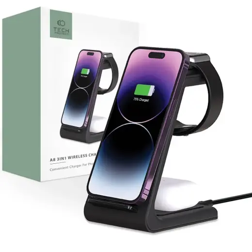 Tech-Protect A8 10W inductive charger in the form of a 3-in-1 stand for smartphone | headphones | smartwatch - black