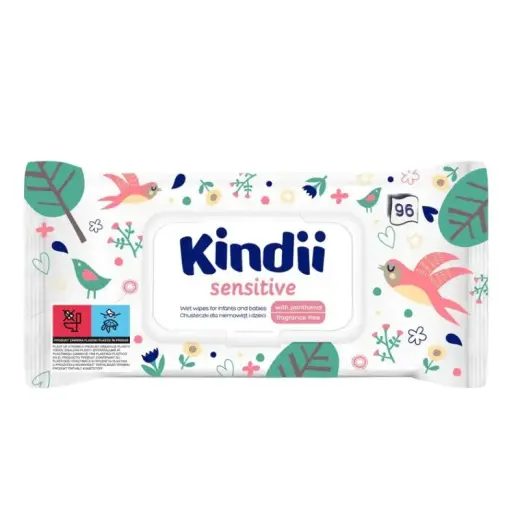 Влажные салфетки для младенцев Kindii Sensitive, 96 шт., с откидной крышкой.