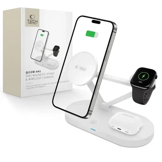 Tech-Protect QI15W-A41 3-in-1 belaidis įkroviklis | Qi | Suderinama su MagSafe | 15W | baltas