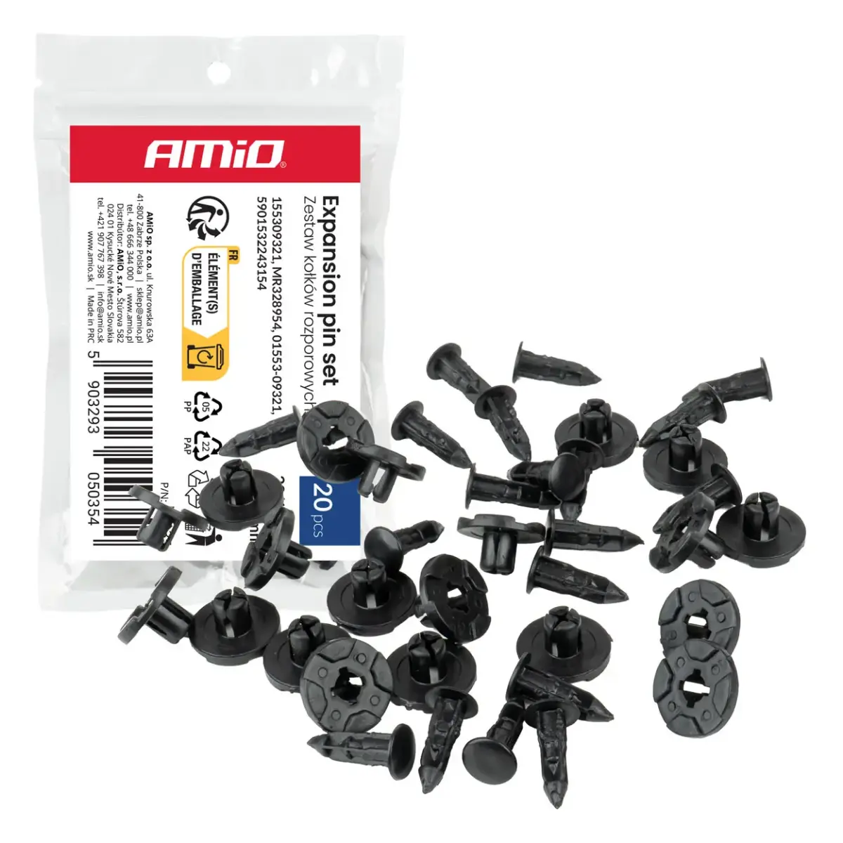 Expansion clip set 20 mm 19 mm 8 mm ⌀ 9 mm, 20 pcs. AMIO-05035