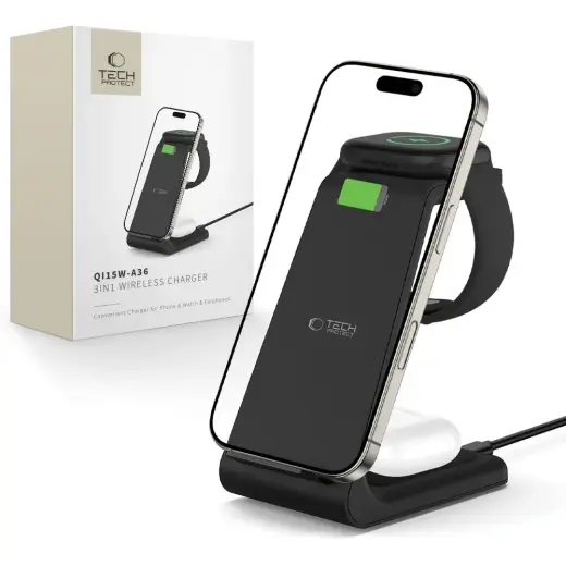 Tech-Protect QI15W-A36 3-in-1 belaidis įkroviklis | Qi | 15W | juodas